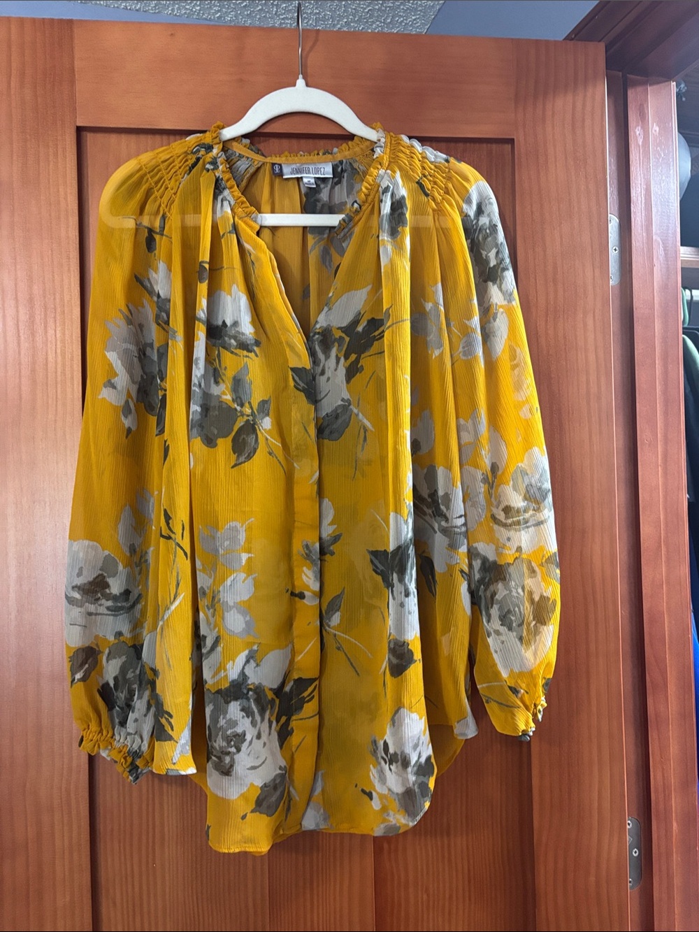 Jennifer Lopez Mustard Yellow Floral Smocked-Neck Blouse